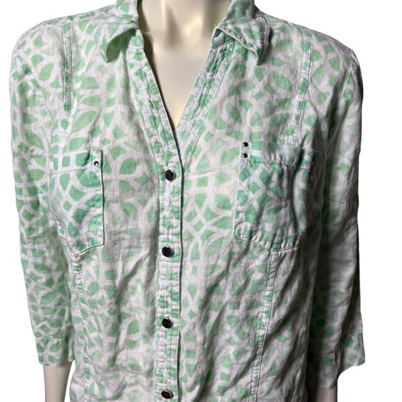 JM Size 16 Mint Green Geometric Print 100% Linen Button Down Shirt 3/4 Sleeve - Picture 2 of 7